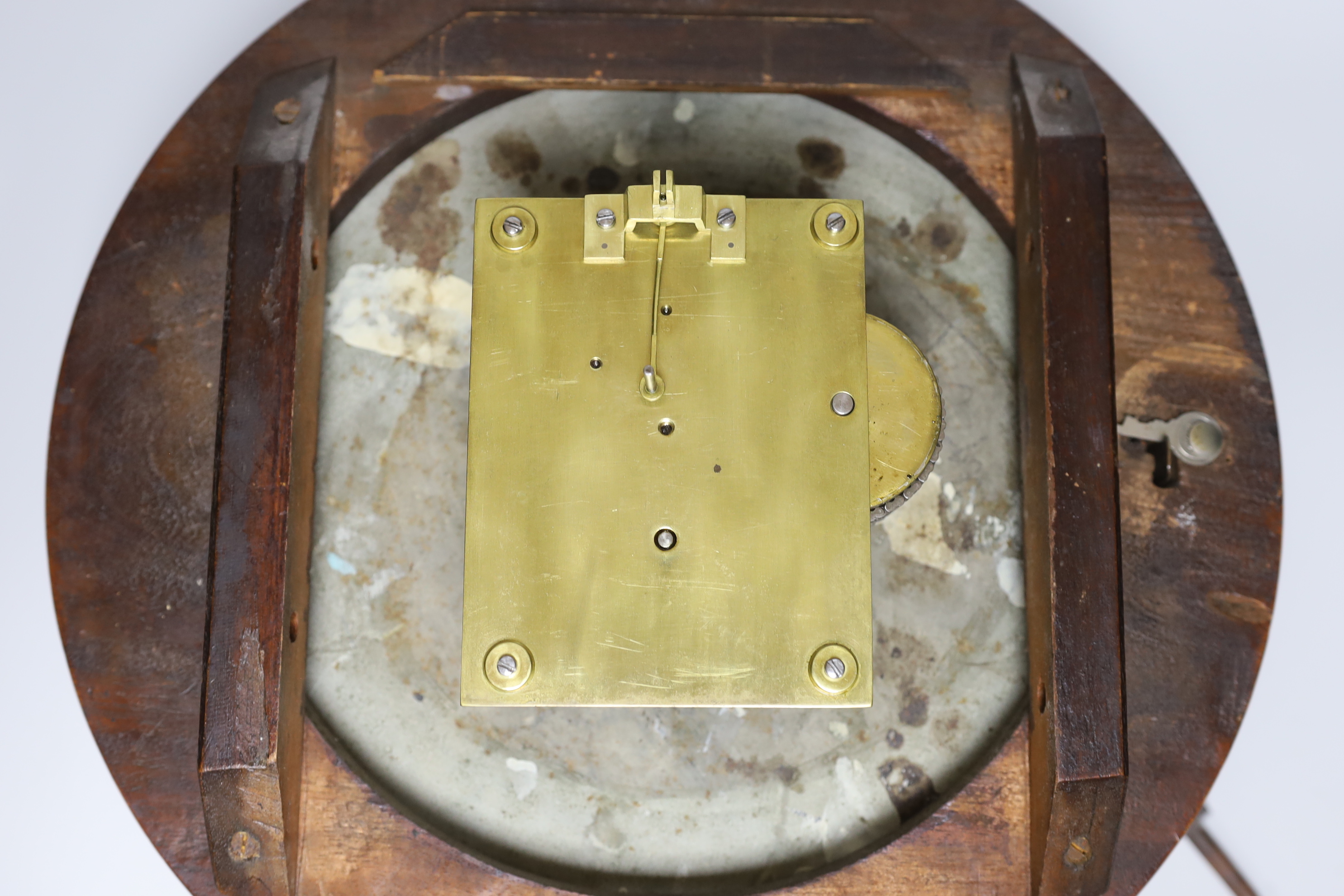 A Victorian mahogany circular dial eight day single fusee wall timepiece, by March of Clive Vale, Hastings, 39cm in diameter
